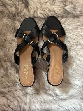 AEROSOLES Black Slip-On Mules with Gold Ring Accent